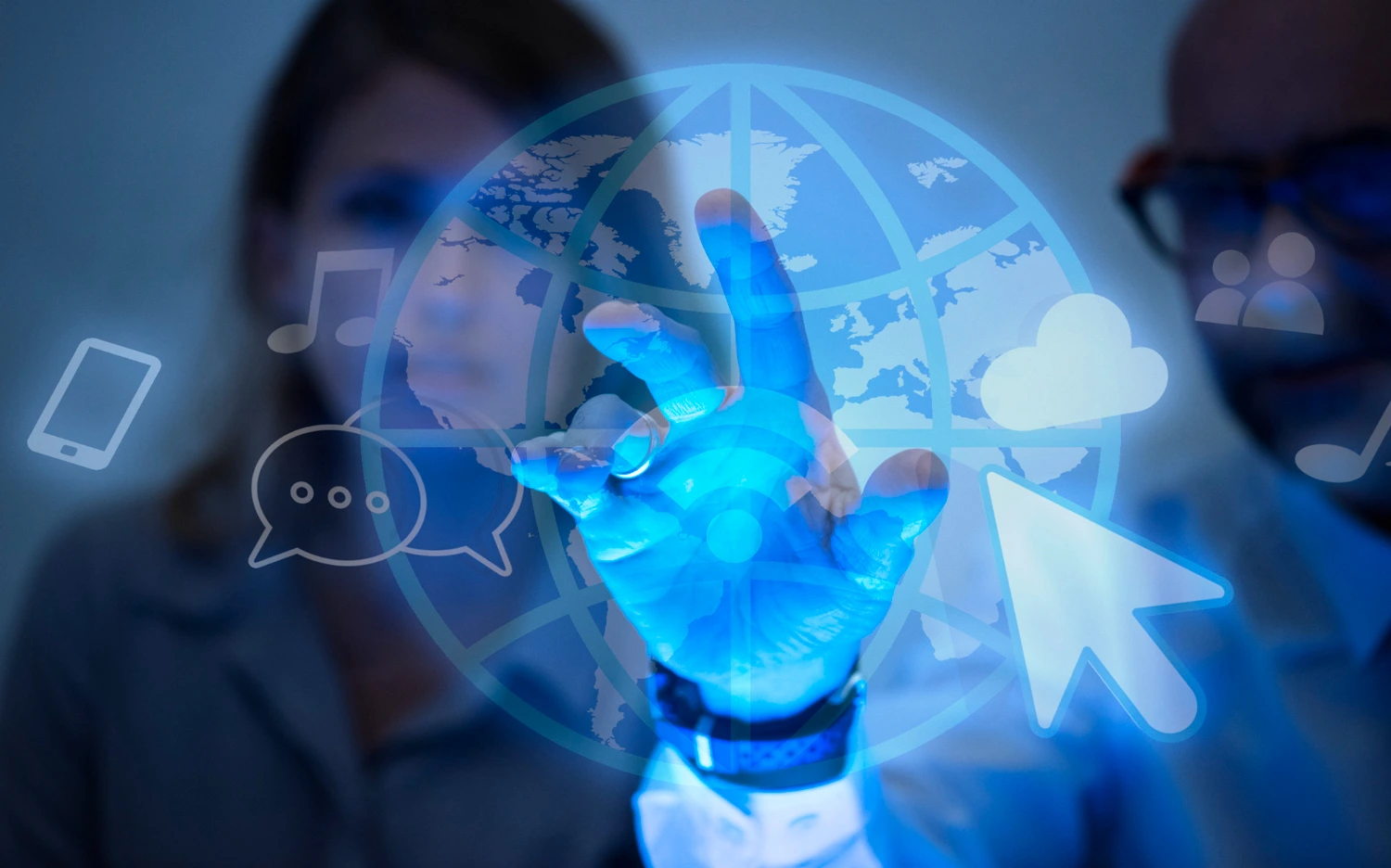 Person interacting with digital technology interface.