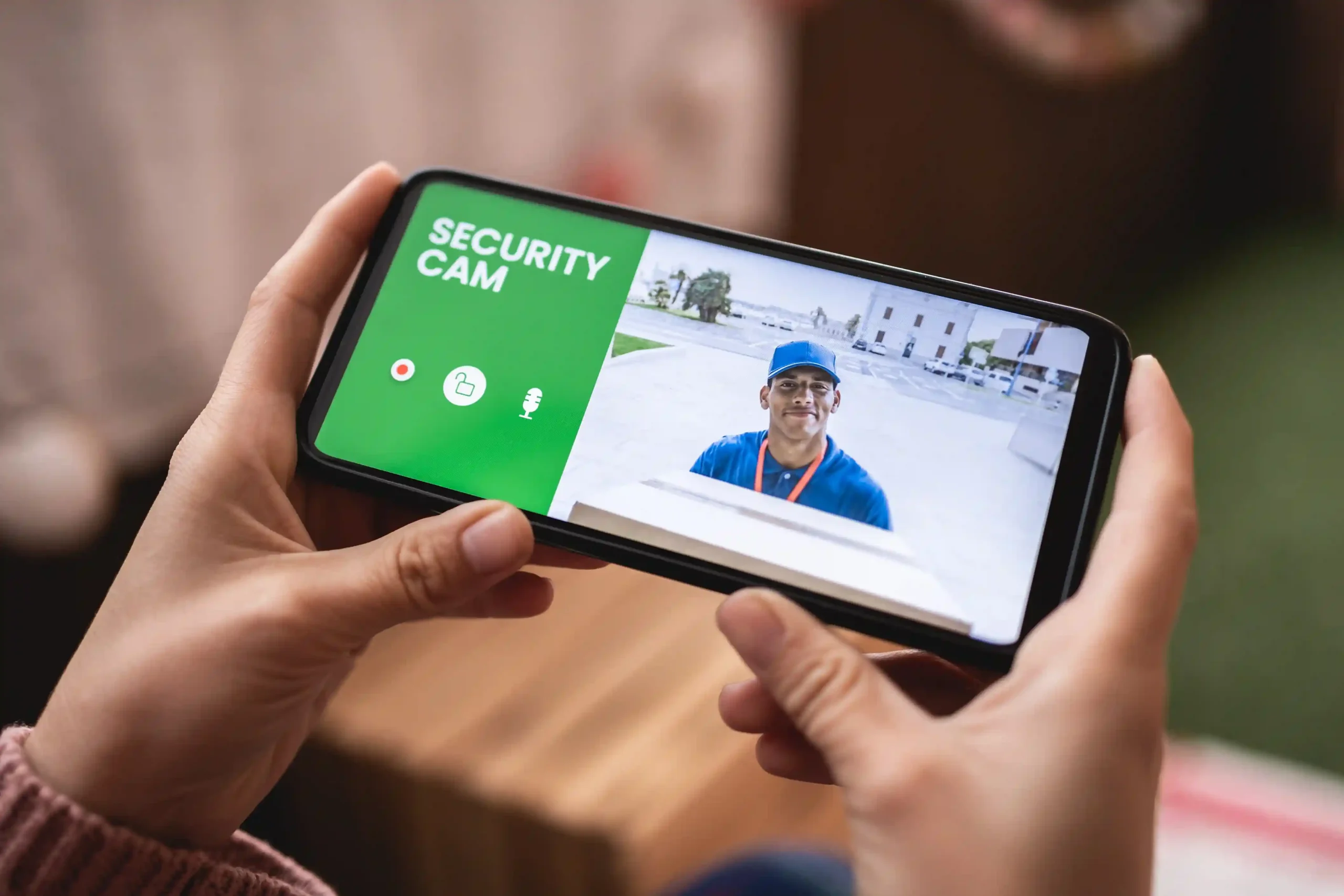 Person using security camera on smartphone.