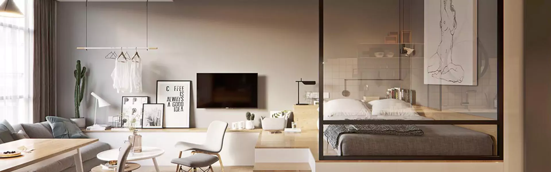 Modern living space with a bedroom and decor.