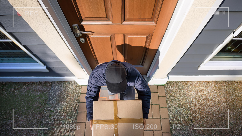 Person delivering a package at a front door.