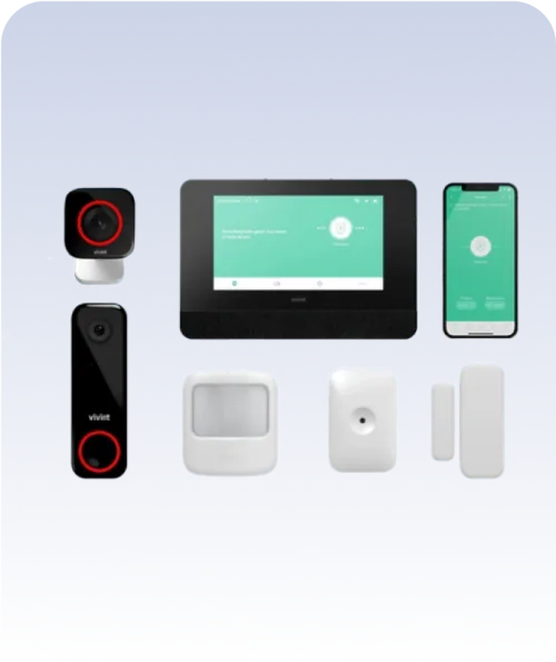 Smart home security devices on blue background.