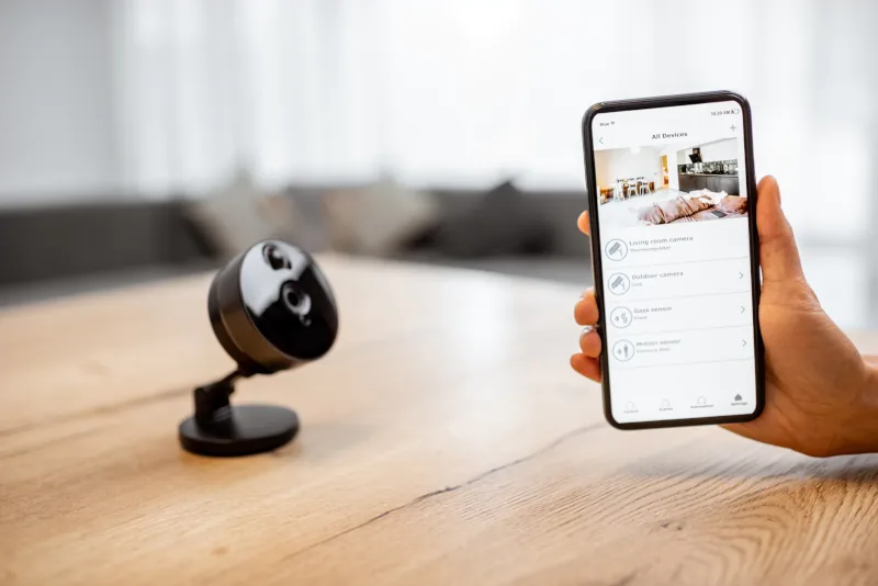 Smartphone controlling security camera on table